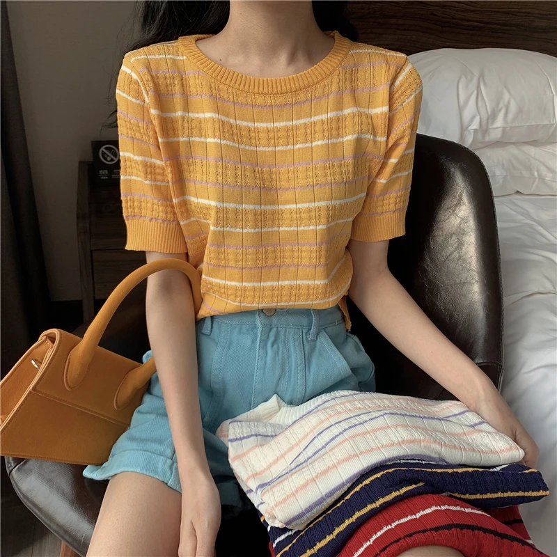 

Свитер женский летний, тонкий, с коротким рукавом и круглым вырезом, в Корейском стиле, 2020