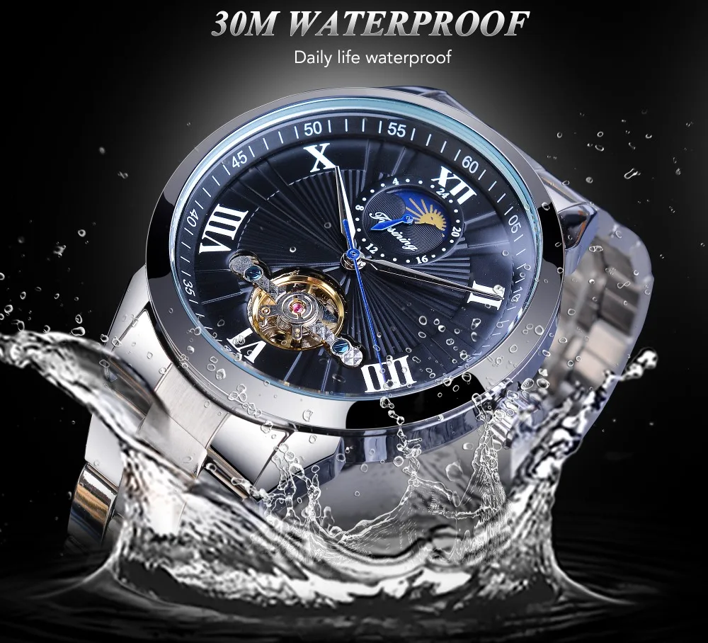 Forsining классические мужские Tourbillon механические часы модный бренд черный Moonphase бизнес стальной ремешок автоматические часы Reloj Hombre