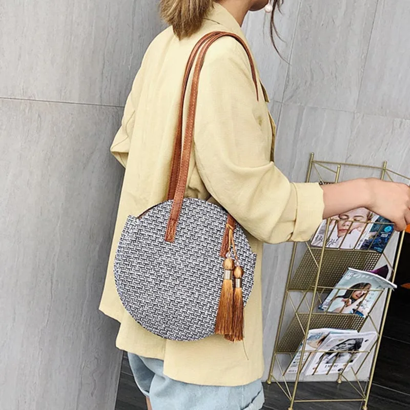 

Women Large Shoulder Bag Handwoven Round Straw Summer Beach Travel Tote New