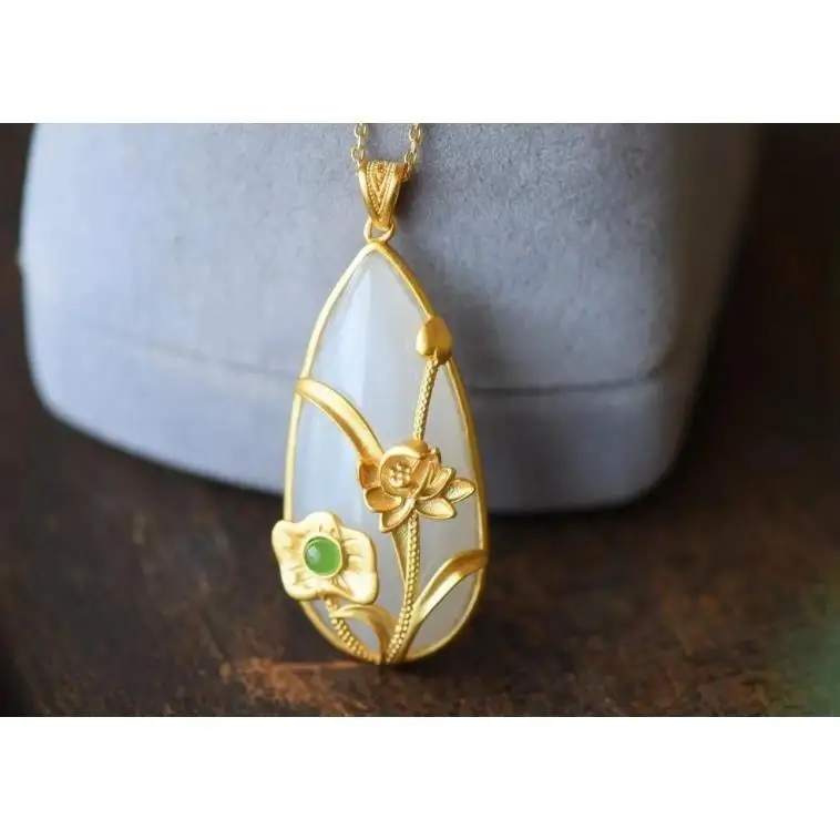 

Natural Hetian Jade White Jade Water Drop Pendant Female Pure Silver Lotus Lotus Leaf Retro Ethnic Style Jade Necklace to Give