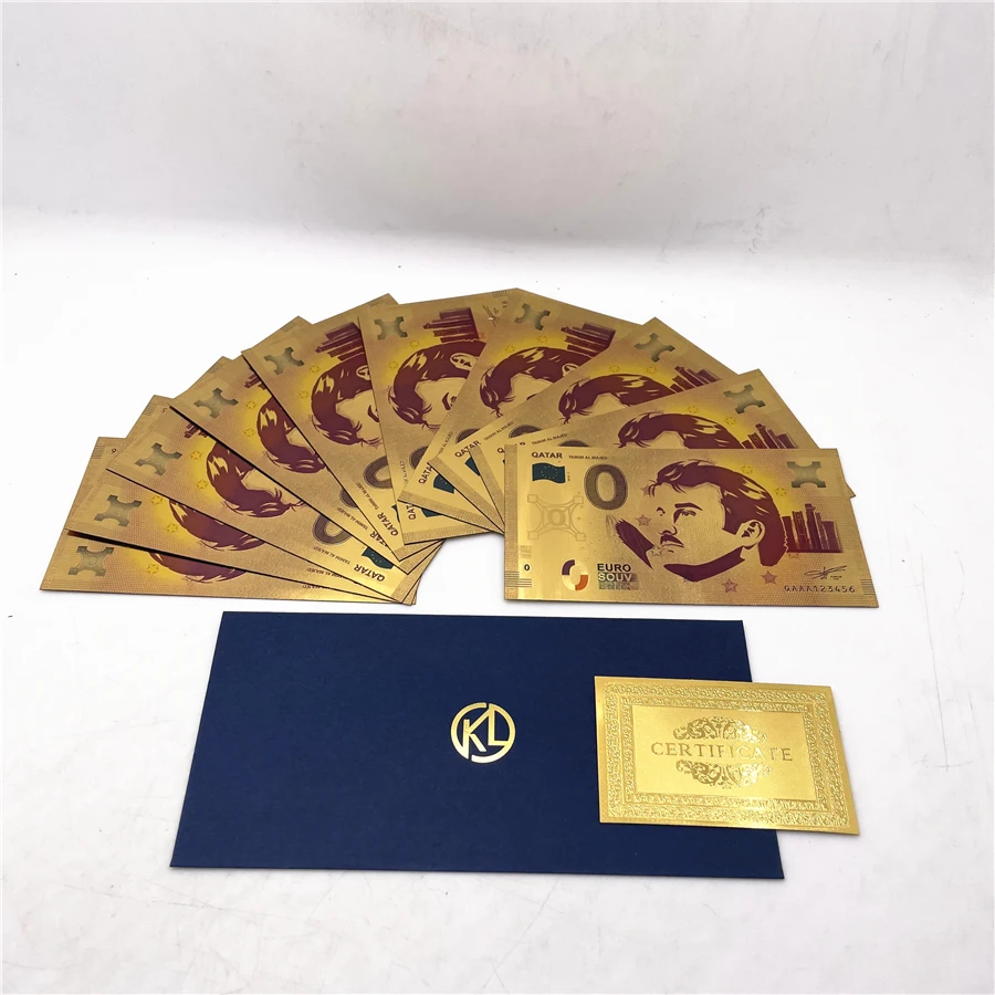 10pcs/lot  Qatar 0 Euro souv Golden Color Foil Plastic Banknote Zero USA fake money  For collection and gifts