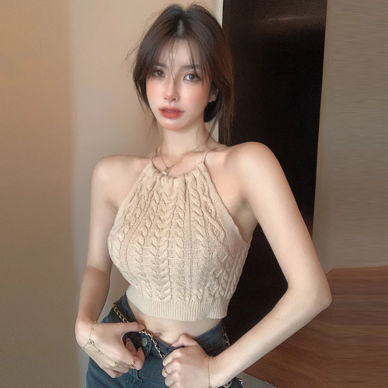 

Summer online celebrity anchor breathable neck knit lace-up neck sexy short camisole jacket