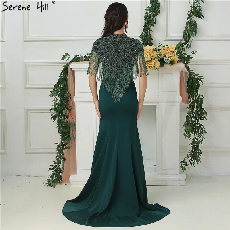 2020 темно зеленые вечерние платья с кисточками и высоким воротом модное платье