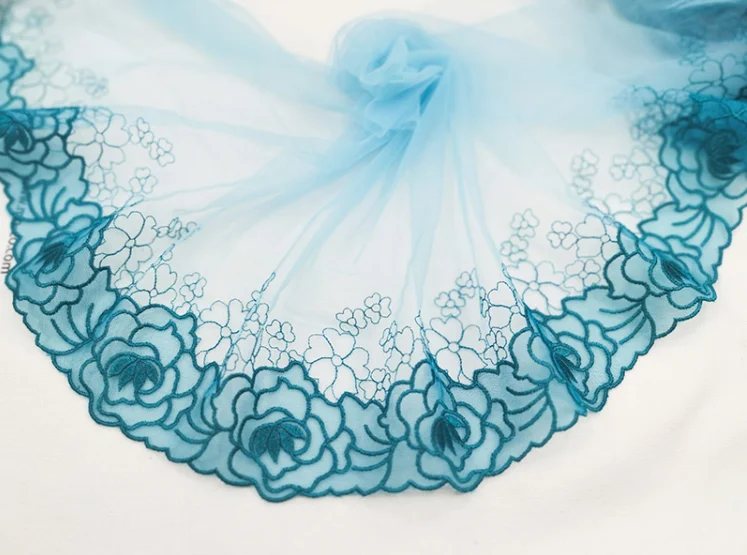 Кружевная отделка с цветочной вышивкой 1 метр сине зеленая ручная работа тюль