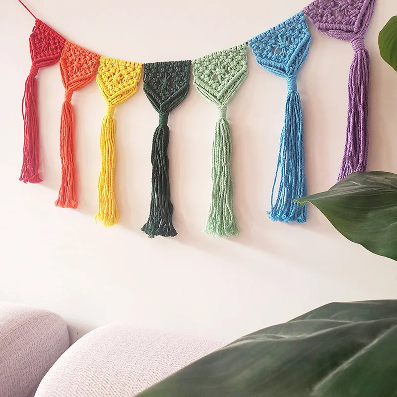 

Hand-woven Rainbow Tassel Tapestries Color Pocket Background Living Room Decorative Cotton And Linen Simple Fashion Home Pendant