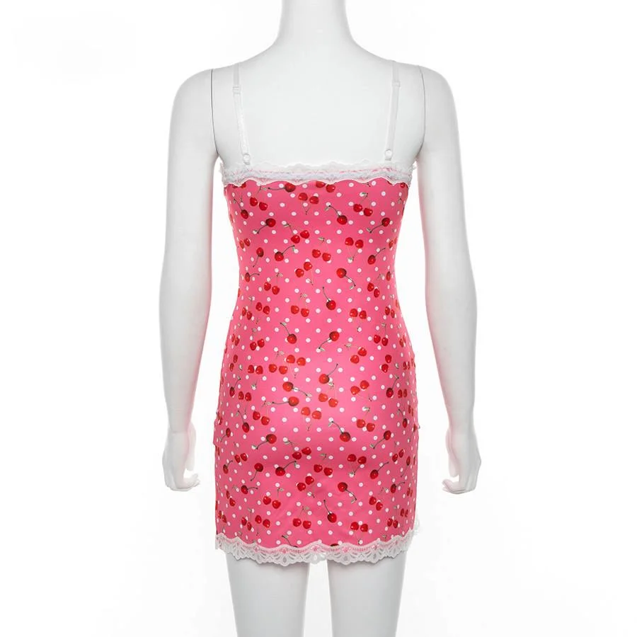

Women Lace Up Cherry Dot Print Sexy Dress Slip Cute Girl Pink Mini Vestidos Sleeveless V Neck Bodycon Femme Spaghetti Strap