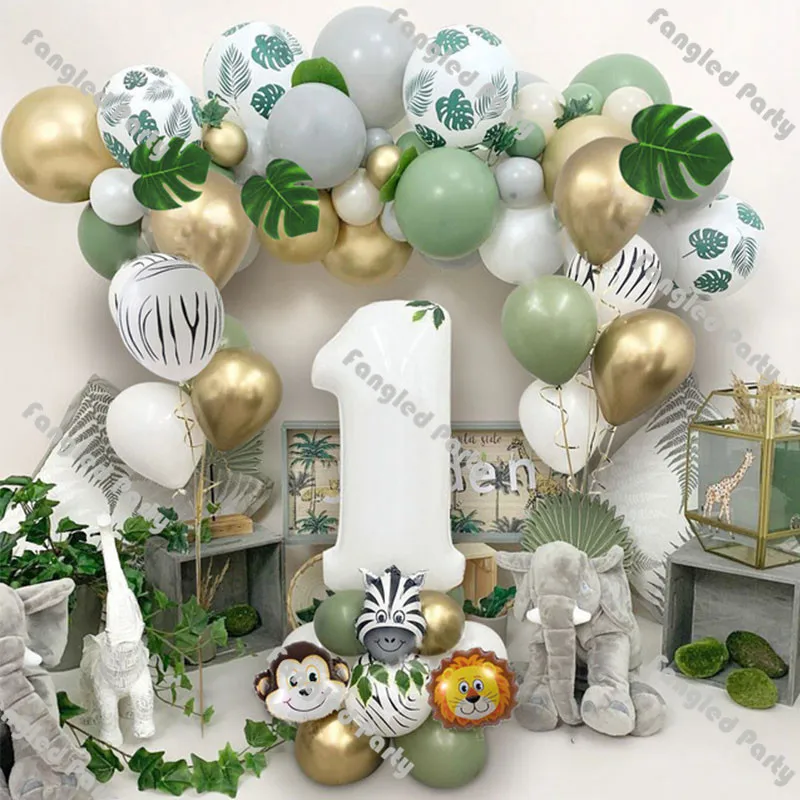 

74pcs Dusty Green Matte Grey White Chrome Gold Animal Pattern Balloon Arch Turtle Leaf Gender Reveal Birthday Wedding Decoration
