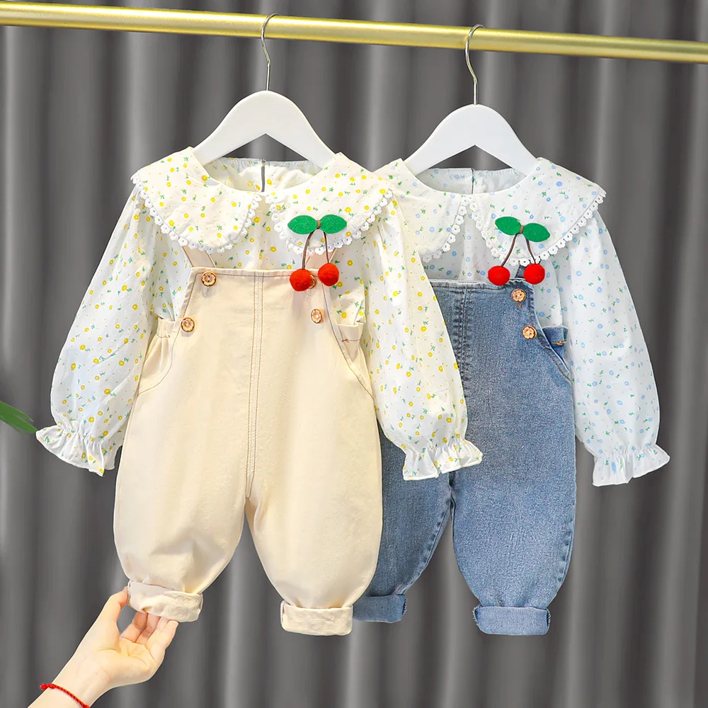 

Baby Girls Clothes Set Spring and Autumn Long-sleeved Shirt Suspenders Denim Trousers Suits