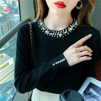 new 2021 autumn winter fashion beading o neck beige chic womens sweater pullovers office lady long sleeve outwer knit tops