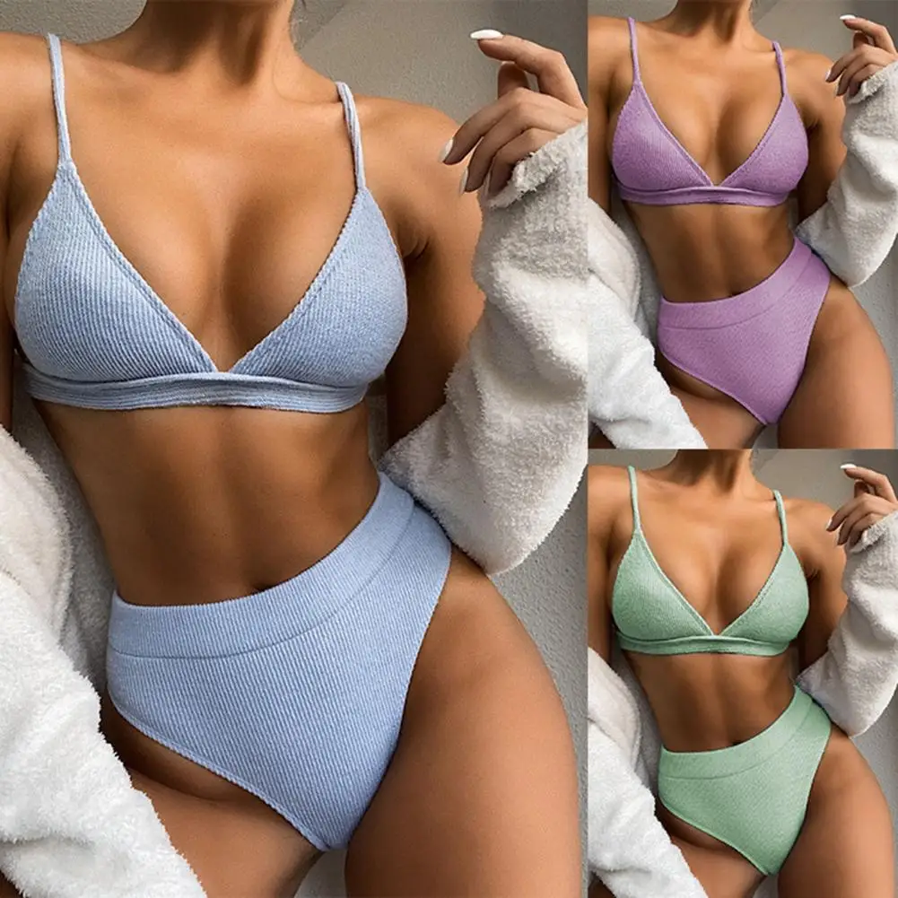 

Summer Women Bikinis Set Ribbing Bra Briefs Solid Color High Waist Deep V-neck Two-piece Swimsuit Bikini Bathing Suit for Beach
