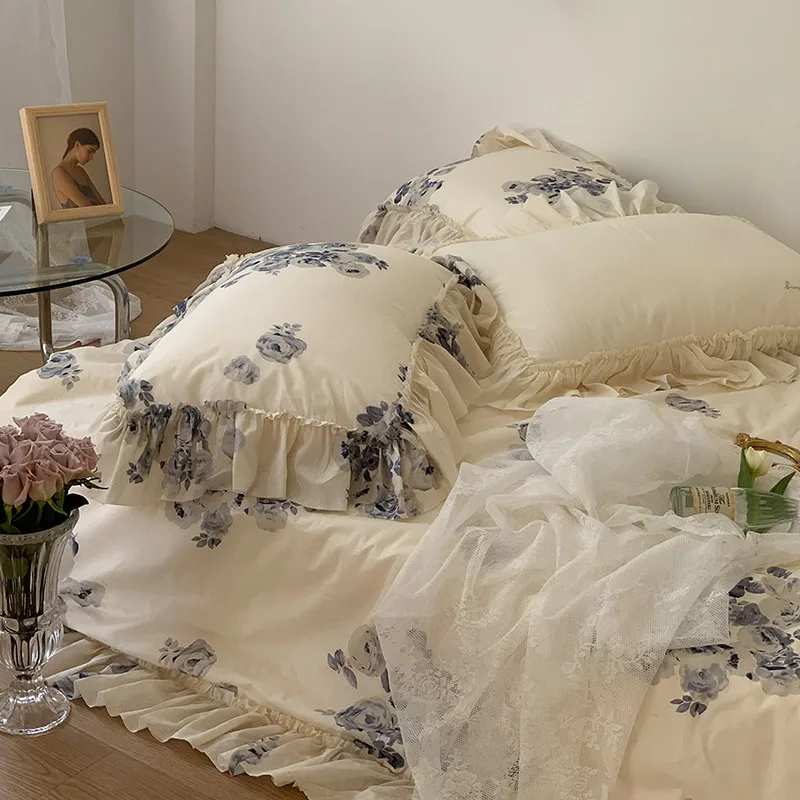 

winter Linens40 thread cotton bed sheet 4 pieces set girl's heart lotus leaf lace pure cotton quilt cover bedding set