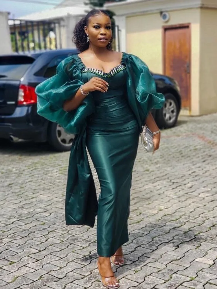 

Elegant Green Mermaid Aso Ebi Prom Dresses Organza Puff Sleeves Crystal Beaded Women Evening Gowns Plus Size Satin Party Dress