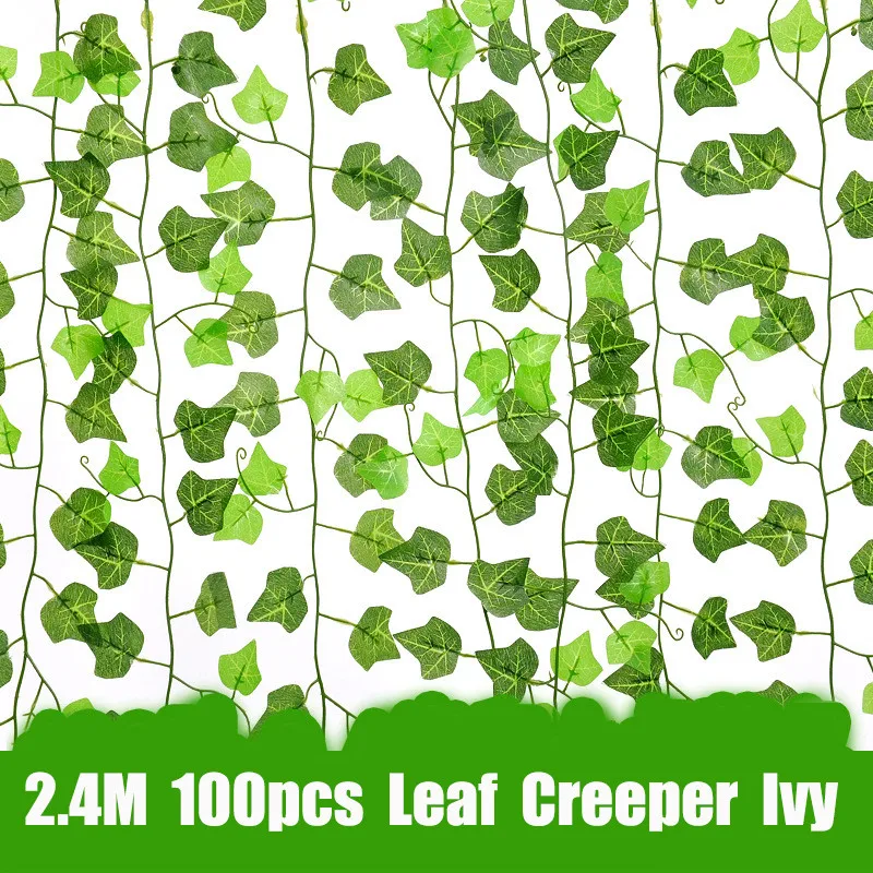 

12Pcs/Lot 2.4M Fake Foliage Rattan 100pc Leaf Creeper Green Ivy Wreath for Home Decor Artificial Ivy Leaf Garland Plants Vine