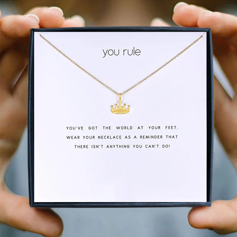 

IcareU You Gold Rule Princess Crown Pendant Necklace Wedding Gift Box Birthday Alloy Clavicle Short Chain Make Wish Card New