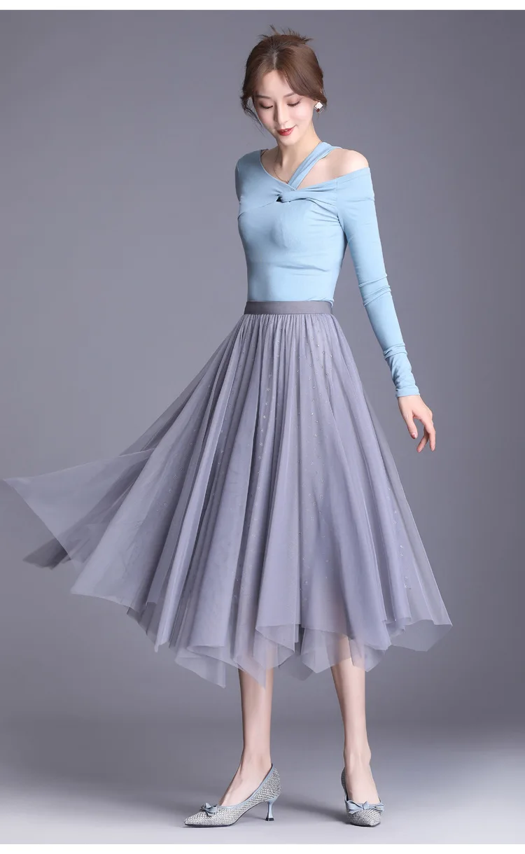 

Women Korean High Waist Loose Irregular Mid-long Pleated Skirts Office Lady Elegant Fashion Big Swing Casual Mesh Skirts 2095
