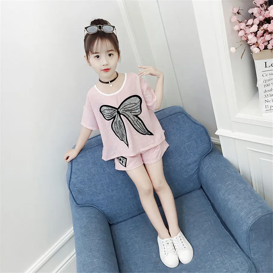 Одежда для девочек сплошной цвет топ футболка + шорты комплект одежды летней