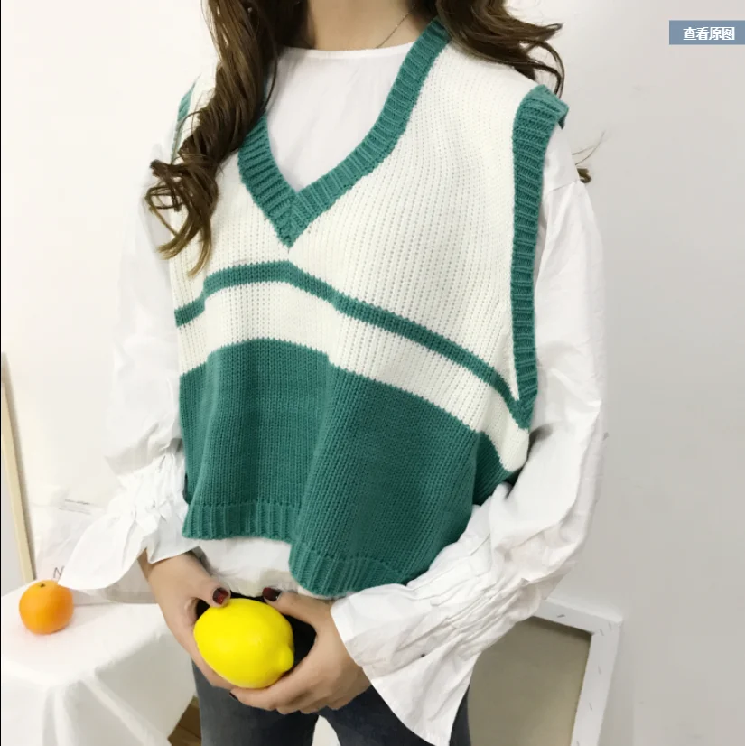 

College style spring and autumn pullover vest vest women's sweater Korean loose striped short student sweater