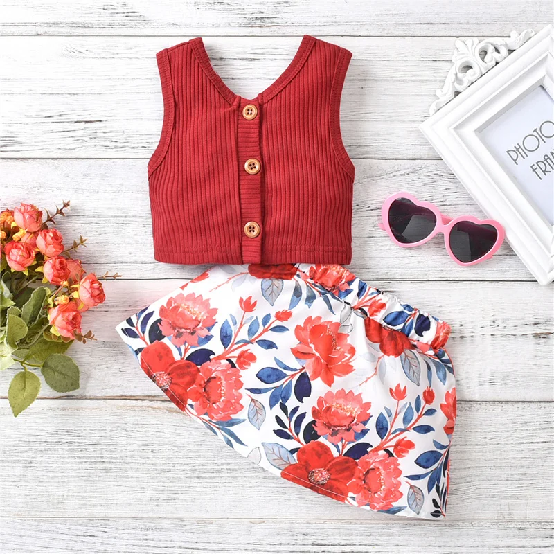 

2 Pcs Infant Summer Outfits, Baby Girl Sleeveless Ribbed V-Neck Button Tank Top + Flower Print Skirt (Red)