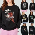 Женский свитшот с длинным рукавом, Черный Повседневный пуловер с принтом японского самурая и круглым вырезом, Осенний Свитшот
