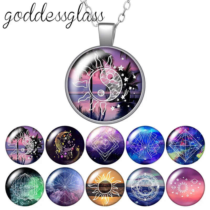 Sun and Moon planet out space night stars Round Glass glass cabochon silver plated/Crystal pendant necklace jewelry for Gift | Украшения и