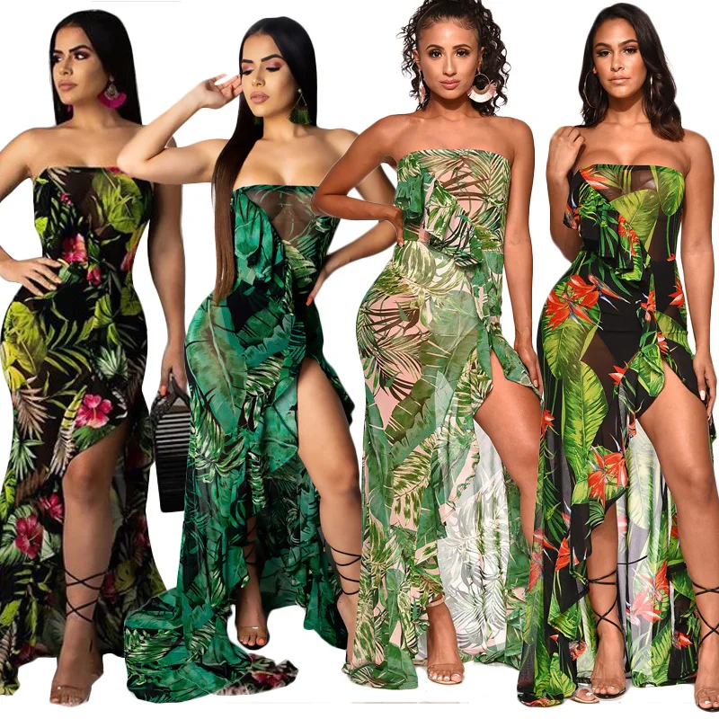 

Women Dresses Summer Bohemian Sexy Maxi Dress Casual Sleeveless Printing Flower Backless Ruffled Beach Clothing Beachwear Cover