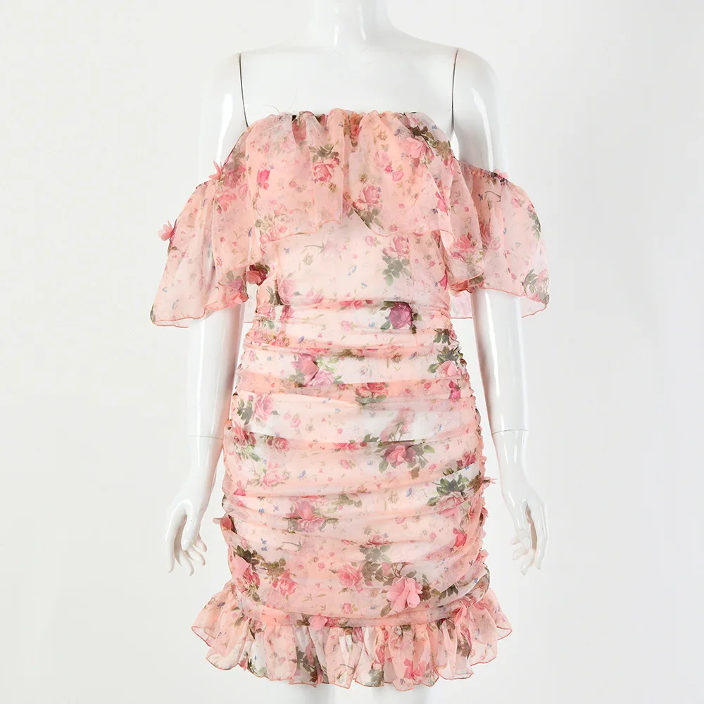 

Ruffles Lash Neck Flroal Dress Summer For Women 2021 Casual Mini Sundress Elegant Party Outfits Sexy Streetwear Boho Beach Dress