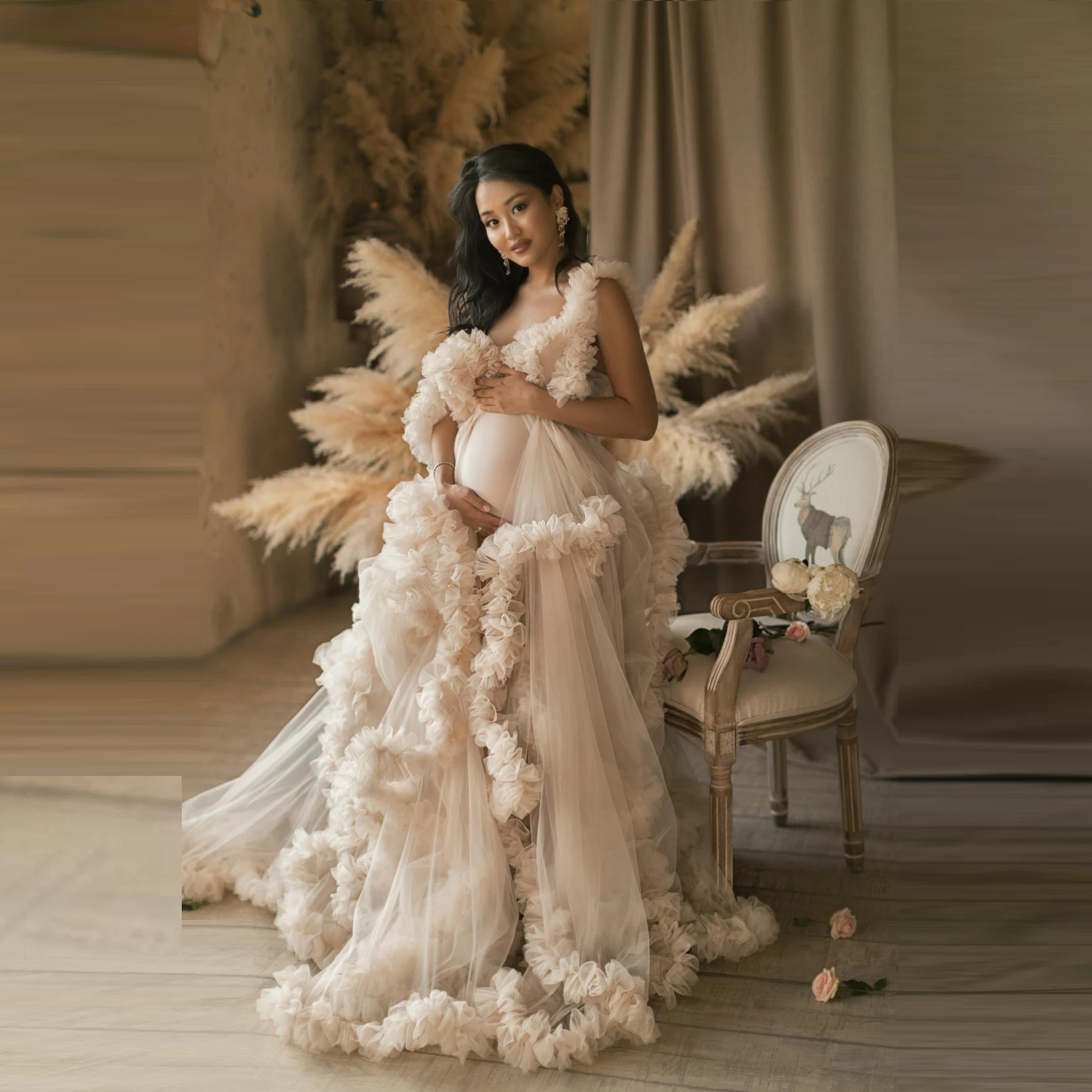 

Chic Maternity Dresses Photo Shoot Tulle Evening Gown Ruffles vestito de fiesta Extra Puffy Evening Dress Bathrobe Tulle abiye