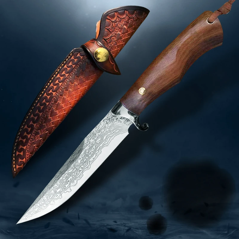 

VG10 Damascus steel camping knife outdoor self-defense fixed blade high hardness straight knife hiking hunting survival knife
