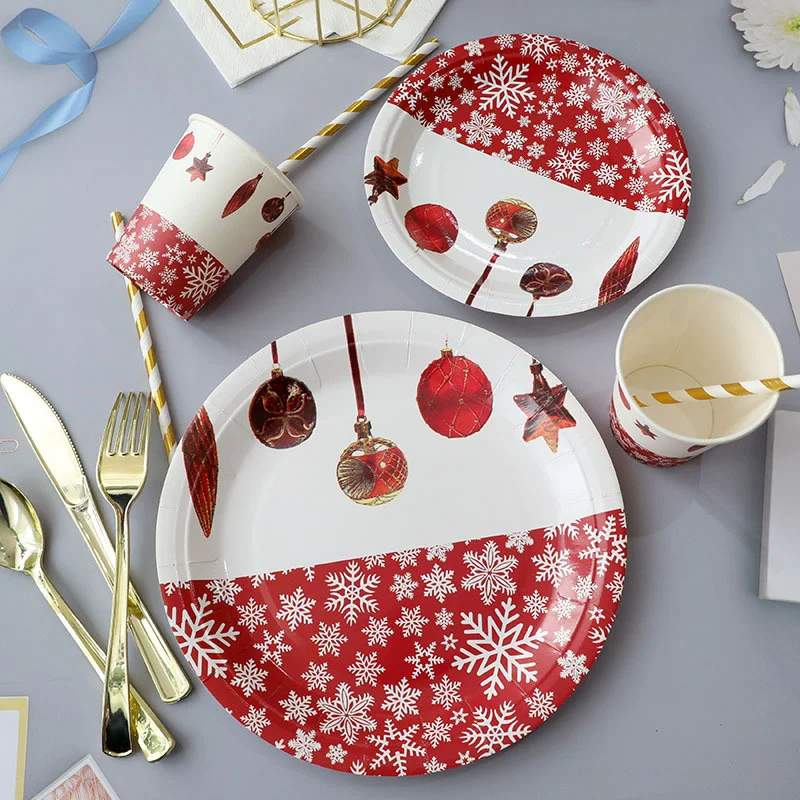 

10pcs Christmas party tableware disposable plate cups New Year party decomposable paper plate cake paper plate paper cup set