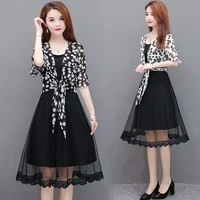 summer clothes 2022 fashion two pieces suit women printed chiffon shirt and spaghetti strap dress set female y551