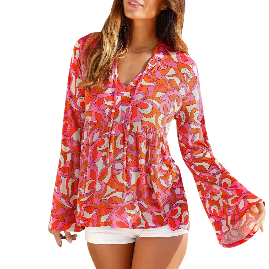 

WEPBEL Spring Fashion V-neck Lace-up Slim Fit Pleated Stitching Blouses Women's Casual Printed Flared Sleeves Shirt