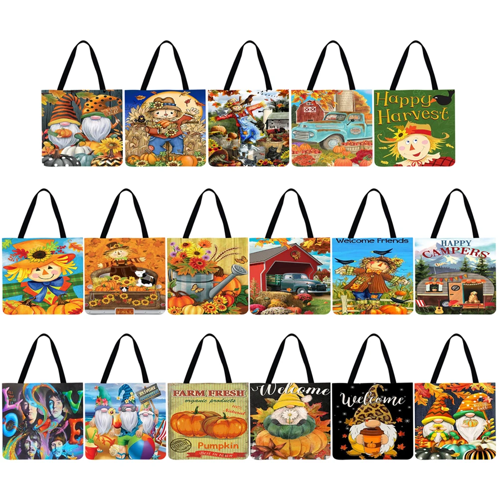 

Ladies Casual Tote Bag Autumn Theme Printed Pattern Design Travel Large Capacity Linen Female Exquisite Shopping Bag