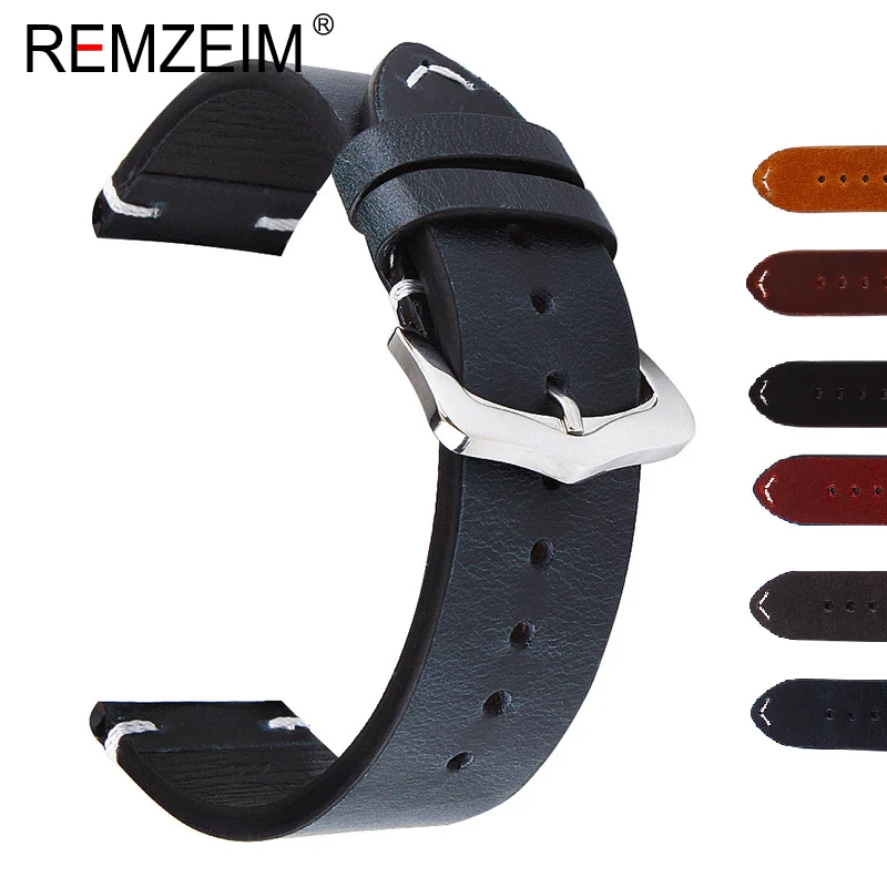 Ремешок для часов REMZEIM ручной работы из вощеной кожи, винтажный браслет из натуральной телячьей кожи для наручных часов, 18 мм 20 мм 22 мм 24 мм