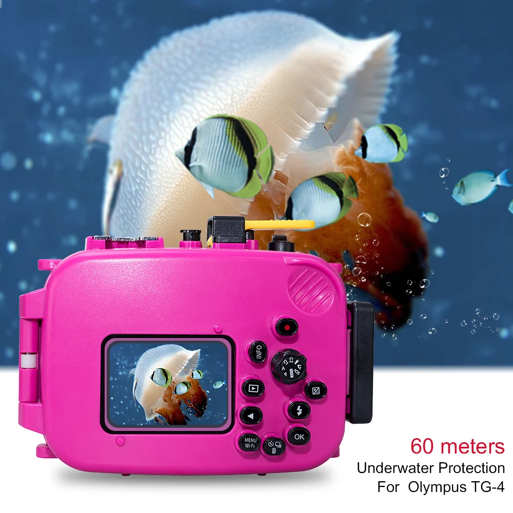 安い 60メートル/195ft防水ボックス水中ダイビングオリンパスTG4 TG3 TG-4 TG-3バッグ保護ケースカバーピンク