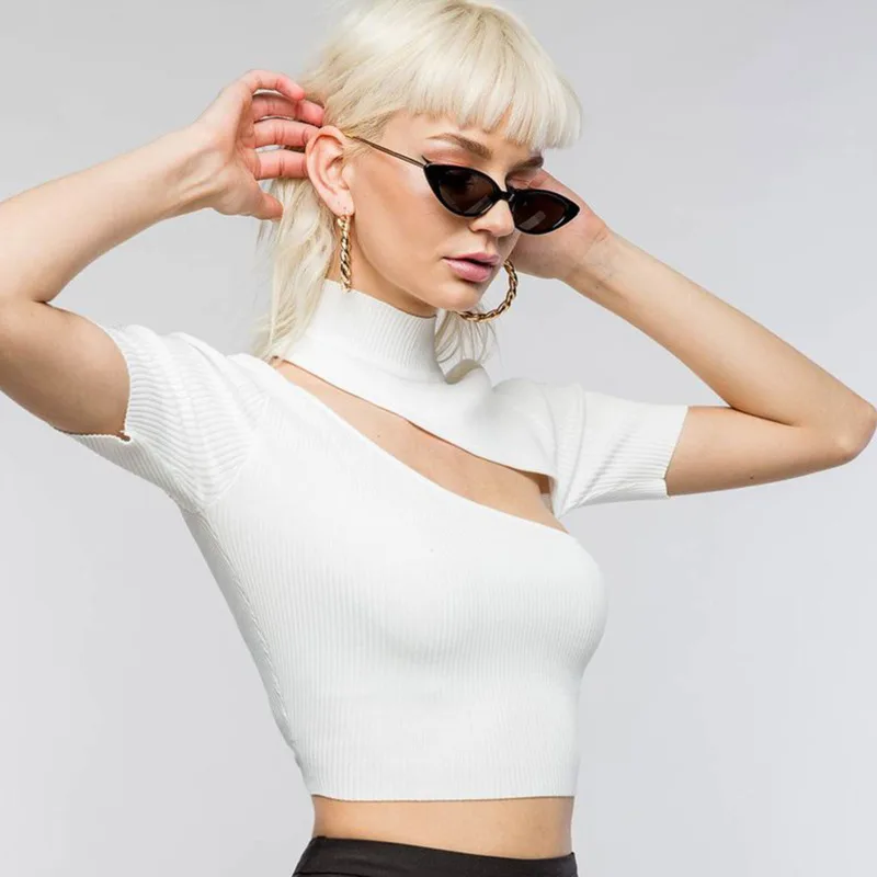 

YICIYA Women T-shirts Off Shoulder Knitting Crop Tops Women Short Sleeve Stretchy Ruffles Hem T-shirts Stripes Tops For Women