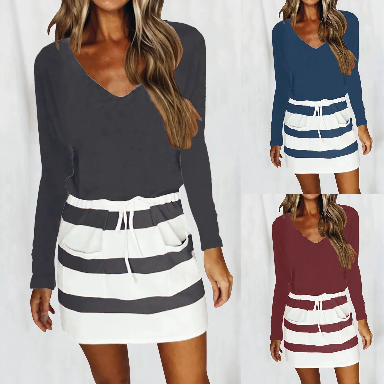 

55# Women Dress Long Sleeve Stripe Print V-neck Dresses For Women 2021 Drawstring Summer Party Casual Dress Vestido De Mujer