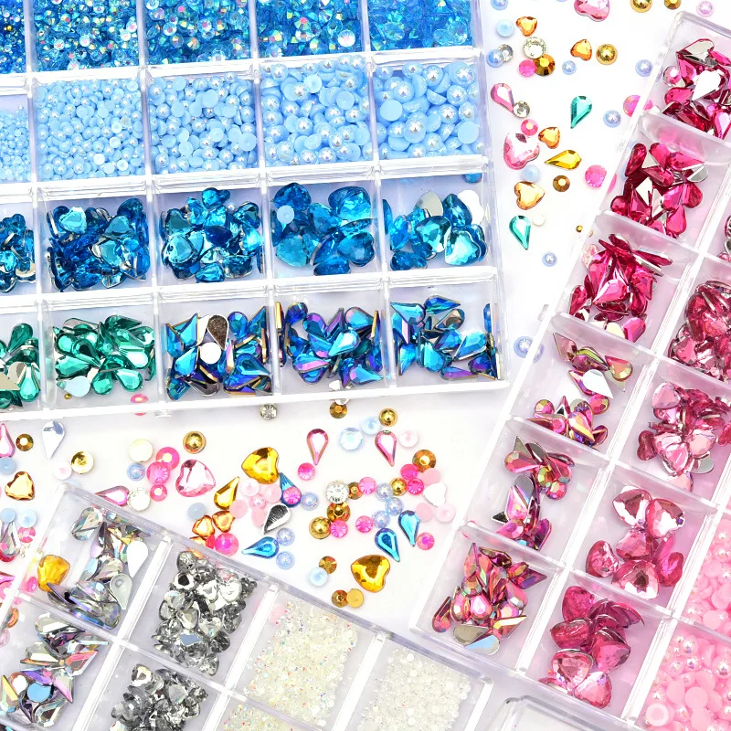 24Grids/ Large Box Nail Diamond+pearl Rhinestone Set Heart Shape Flatback Pick Up Pen Tweezers Manicure Gems DIY Accessories Kit