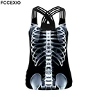 FCCEXIO Сексуальная бандажная флуоресцентная Женская майка с принтом скелета, майка для фитнеса, черный топ без рукавов с лямкой на спине для девушек