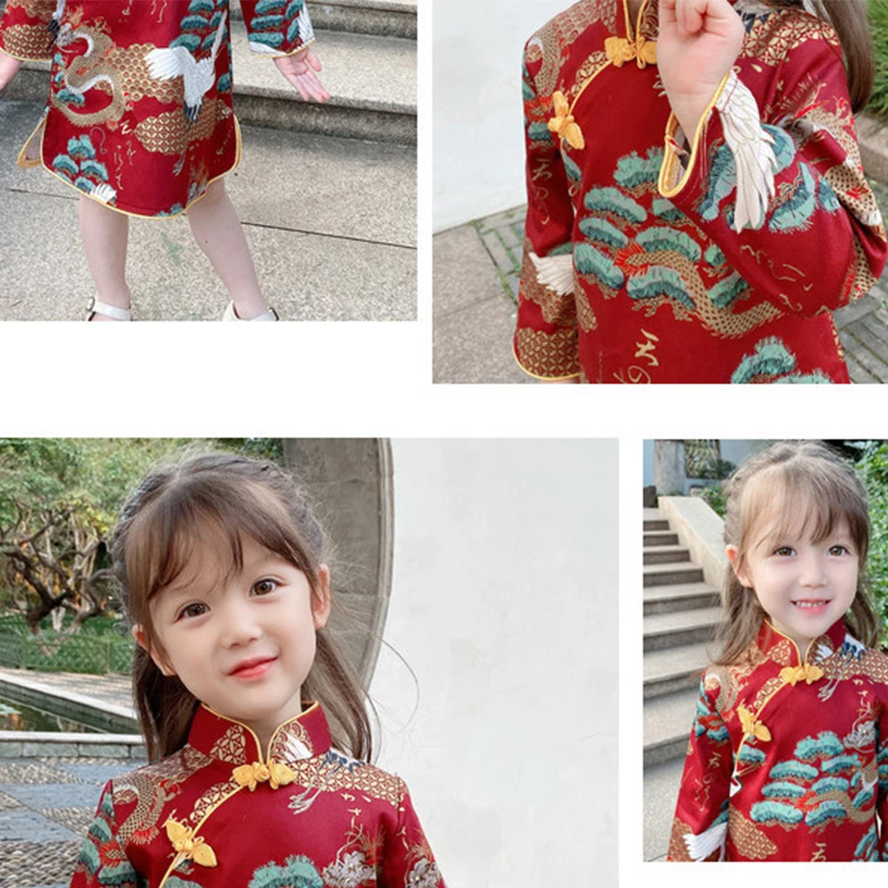 

2021 Spring and Autumn Girls Kids Princess Tang Cheongsam Qipao Dress Embroidery Cotton-Pad Children Baby Red New Year Wear 1-6Y