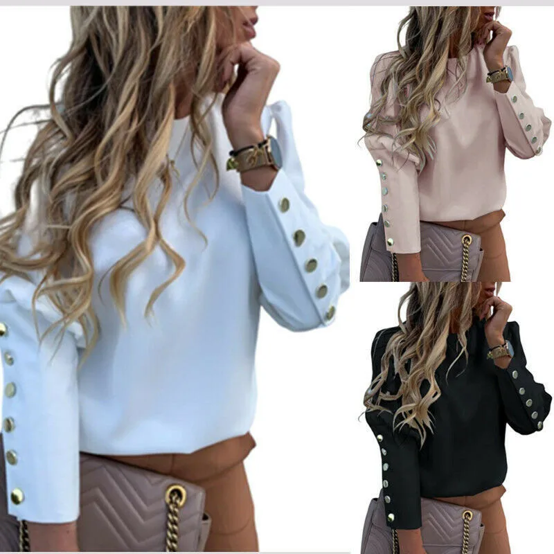 

2020 Work Wear Women Blouses Long Sleeve Back Metal Buttons Shirt Casual O Neck Printed Plus Size Tops Fall Blouse Drop Shipping