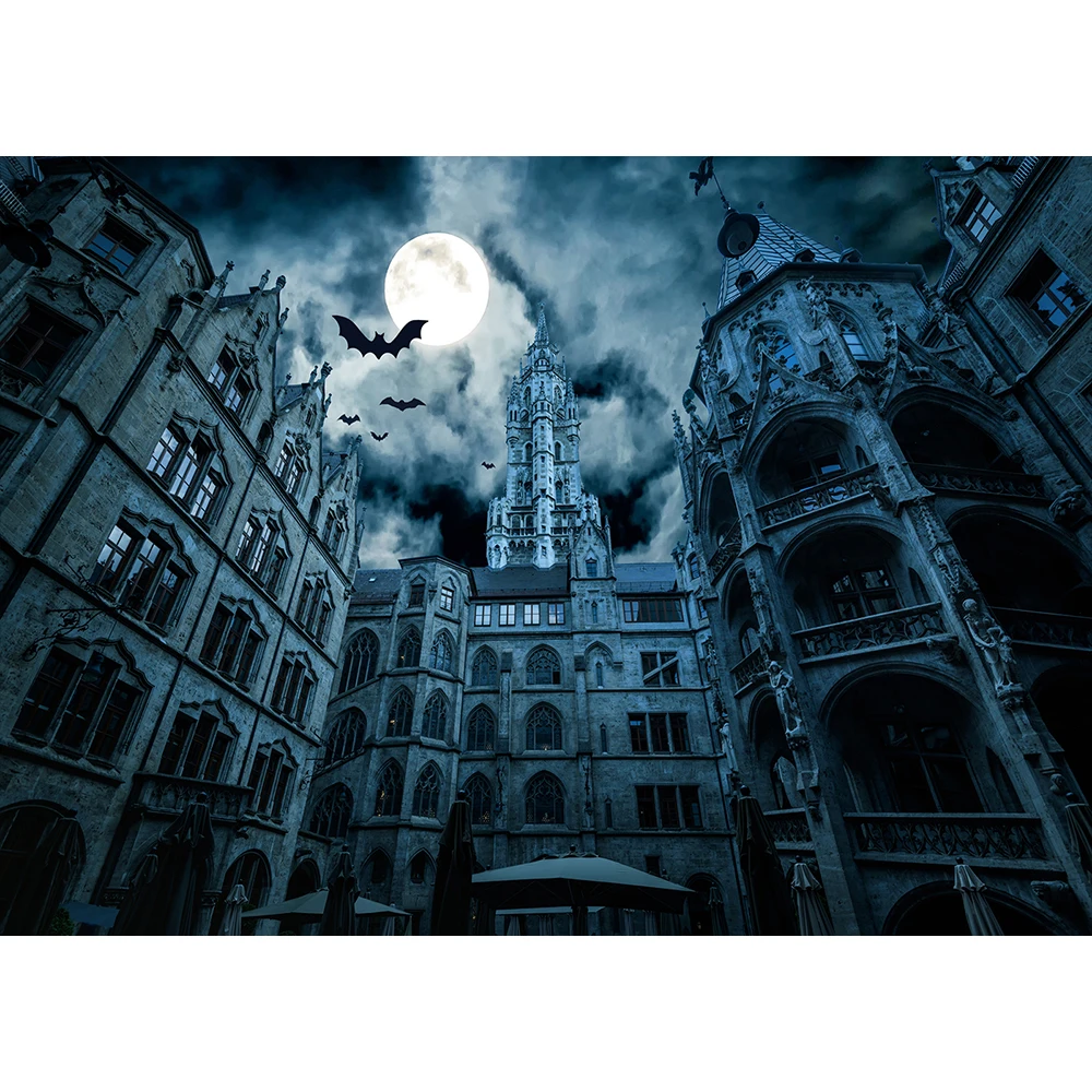 Фон для фотосъемки в стиле Хэллоуин небо летучие мыши замок с привидениями фон