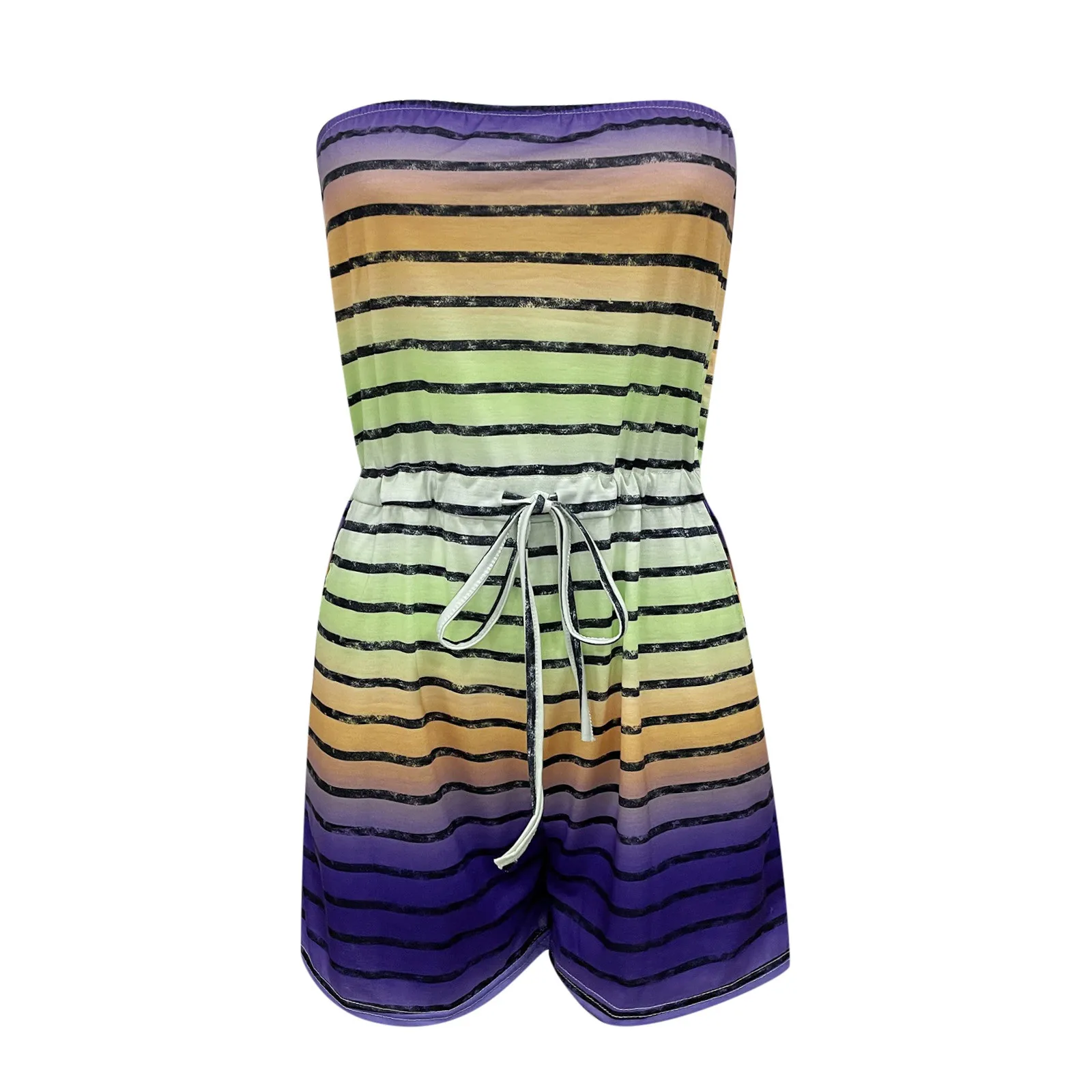

Women Playsuits Strapless Bandeau Stripe Gradient Casual Tube Jumpsuit Summer Women Clothing Elastic Waist Beach Playsuit Romper