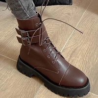 krazing pot motorcycle boots real leather cross tied waterproof buckle decorations thick med heel round toe zip ankle boots l00