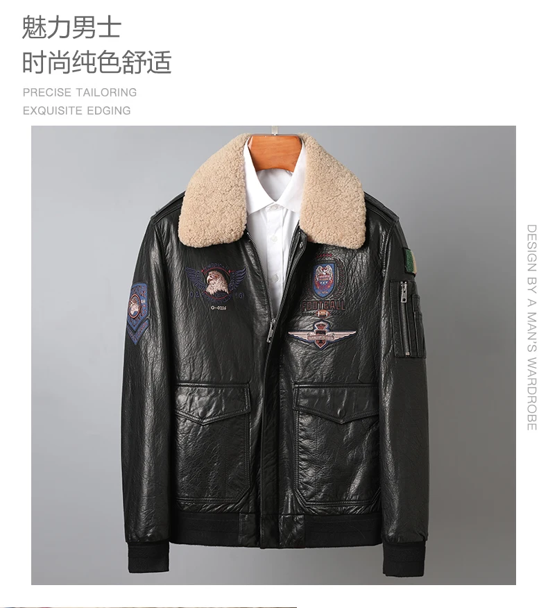 

New Men's Real Leather Bomber Jacket with Removable Fur Collar Genuine Leather Pigskin Jackets Winter Warm Coat Men