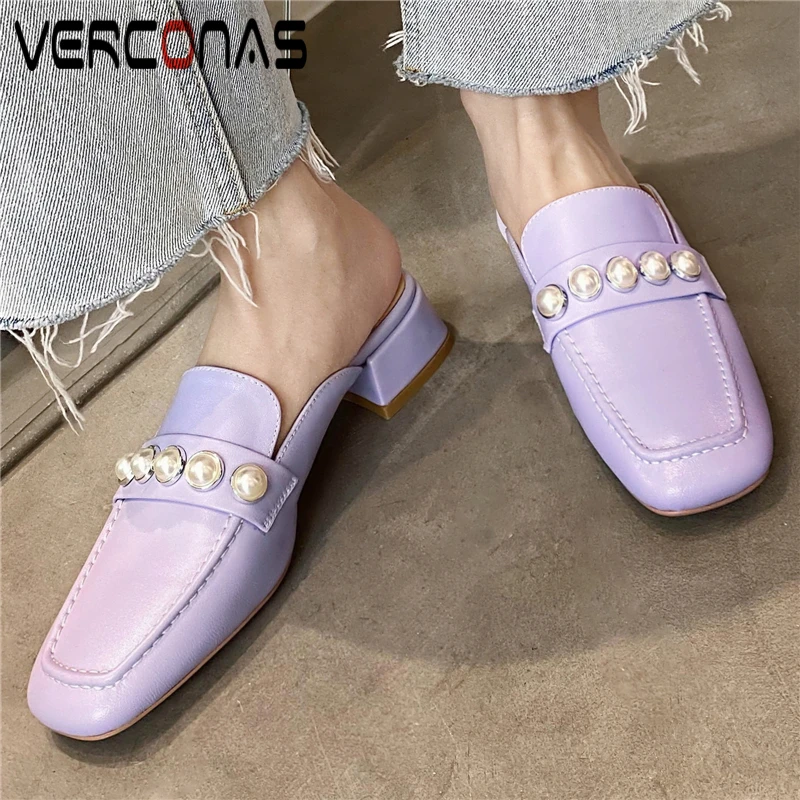

VERCONAS Women Sandals Concise Fashion Summer New Pearl Mules Genuine Leather Square Toe Slippers Thick Heels Casual Shoes Woman