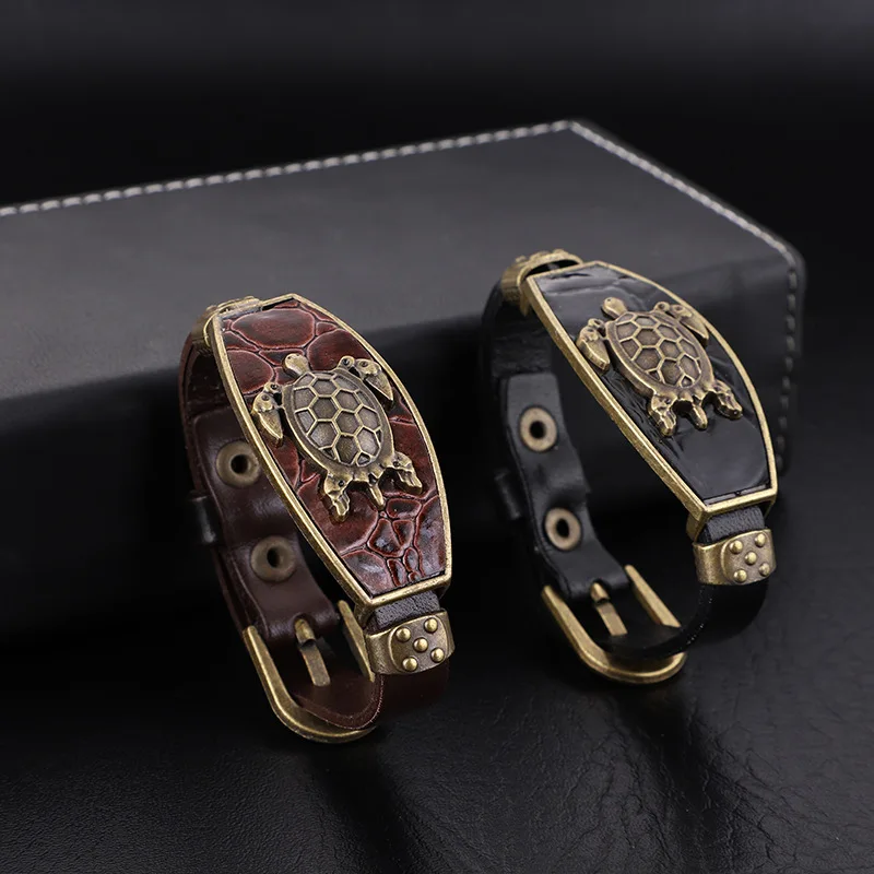 

2020 vintage high quality alloy genuine charm leather bracelet men's punk adjustable buckle bracelet bracelet for men and women