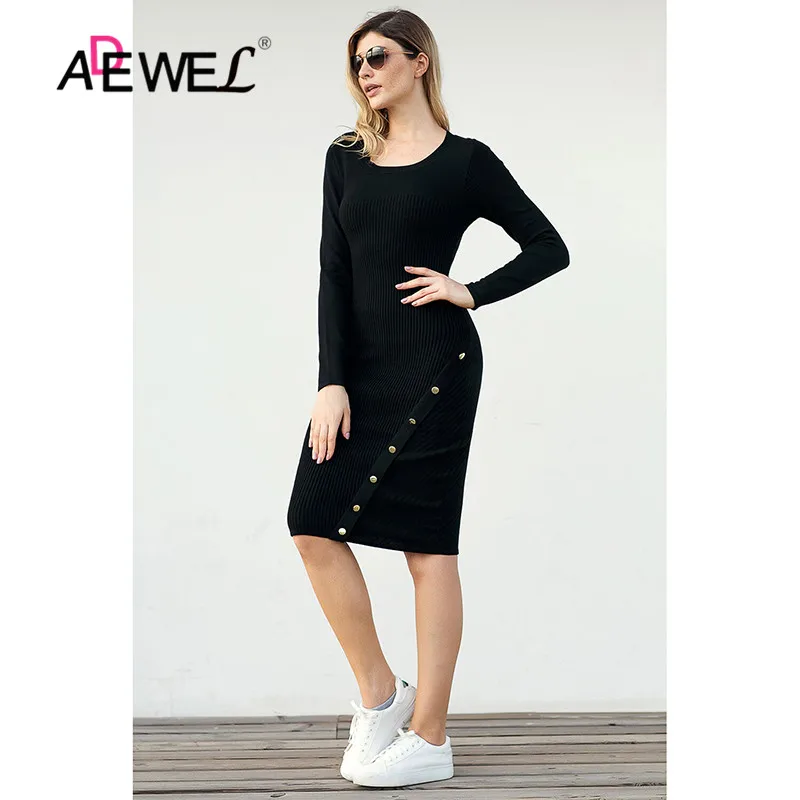 Женское платье-свитер на пуговицах ADEWEL зеленое элегантное офисное платье с