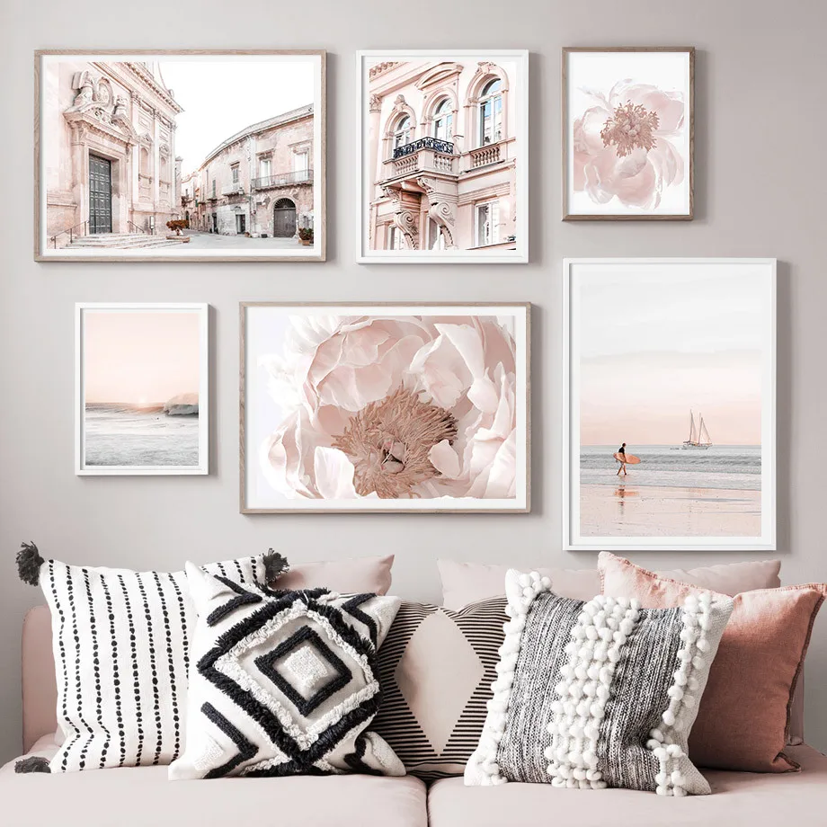 Настенная Картина на холсте розовые пионы ворота улица пляж цитаты