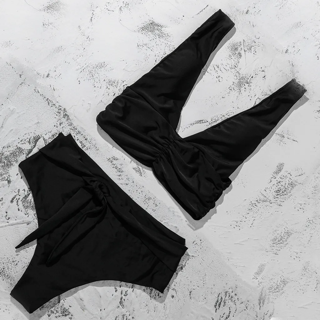 Однотонный комплект бикини Женский бандажный купальник из двух предметов с