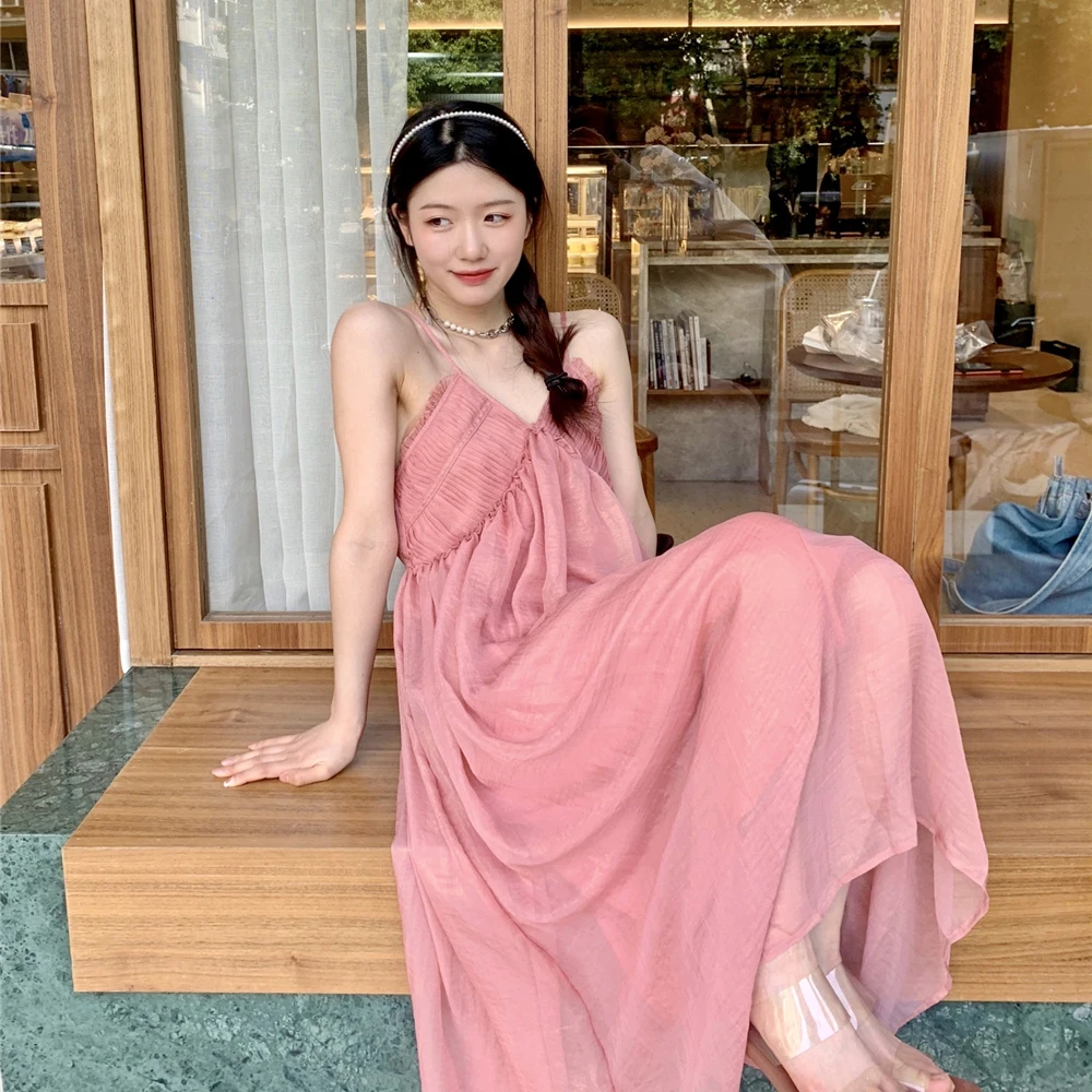 Женское летнее платье на бретельках сексуальное длинное ТРАПЕЦИЕВИДНОЕ розовое